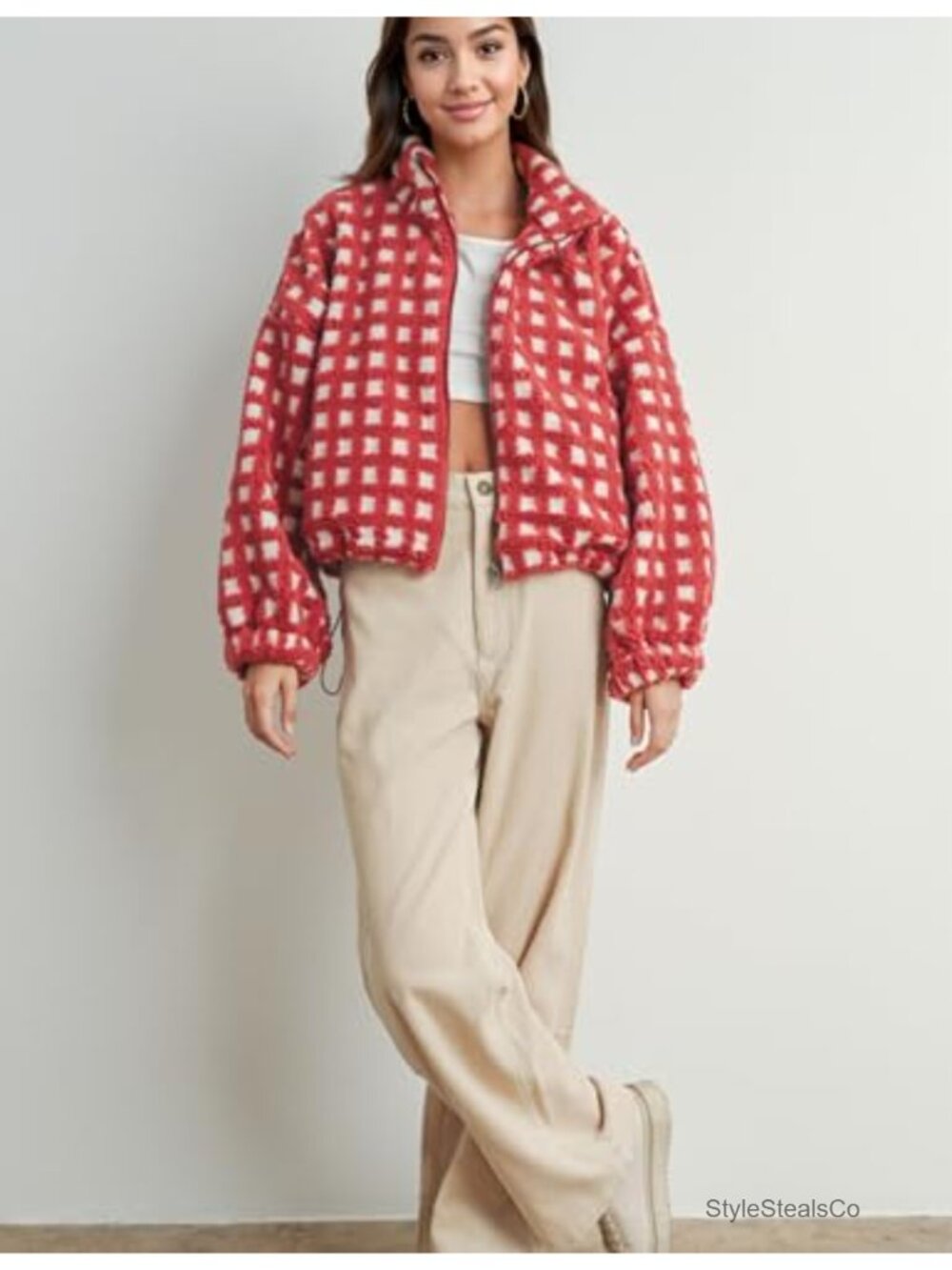 Cropped Sherpa Fleece Plaid Jacket, Zip Up Teddy Coat for Women, Fall Winter - Picture 5 of 6